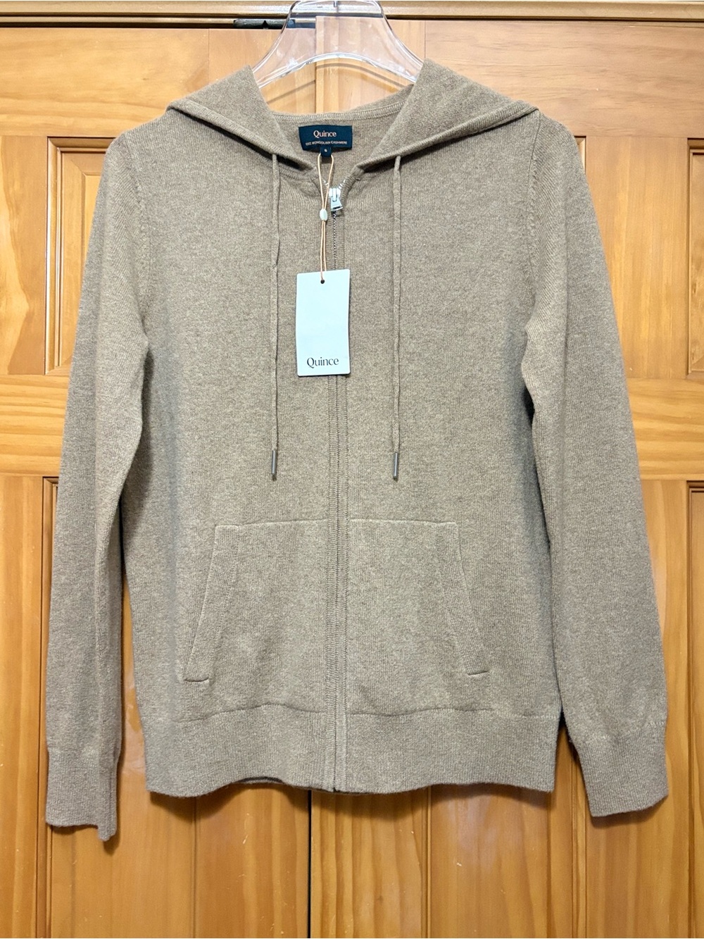 Quince 100% Mongolian Cashmere Zip-Up Hooded Cardigan Tan Size Small NWT